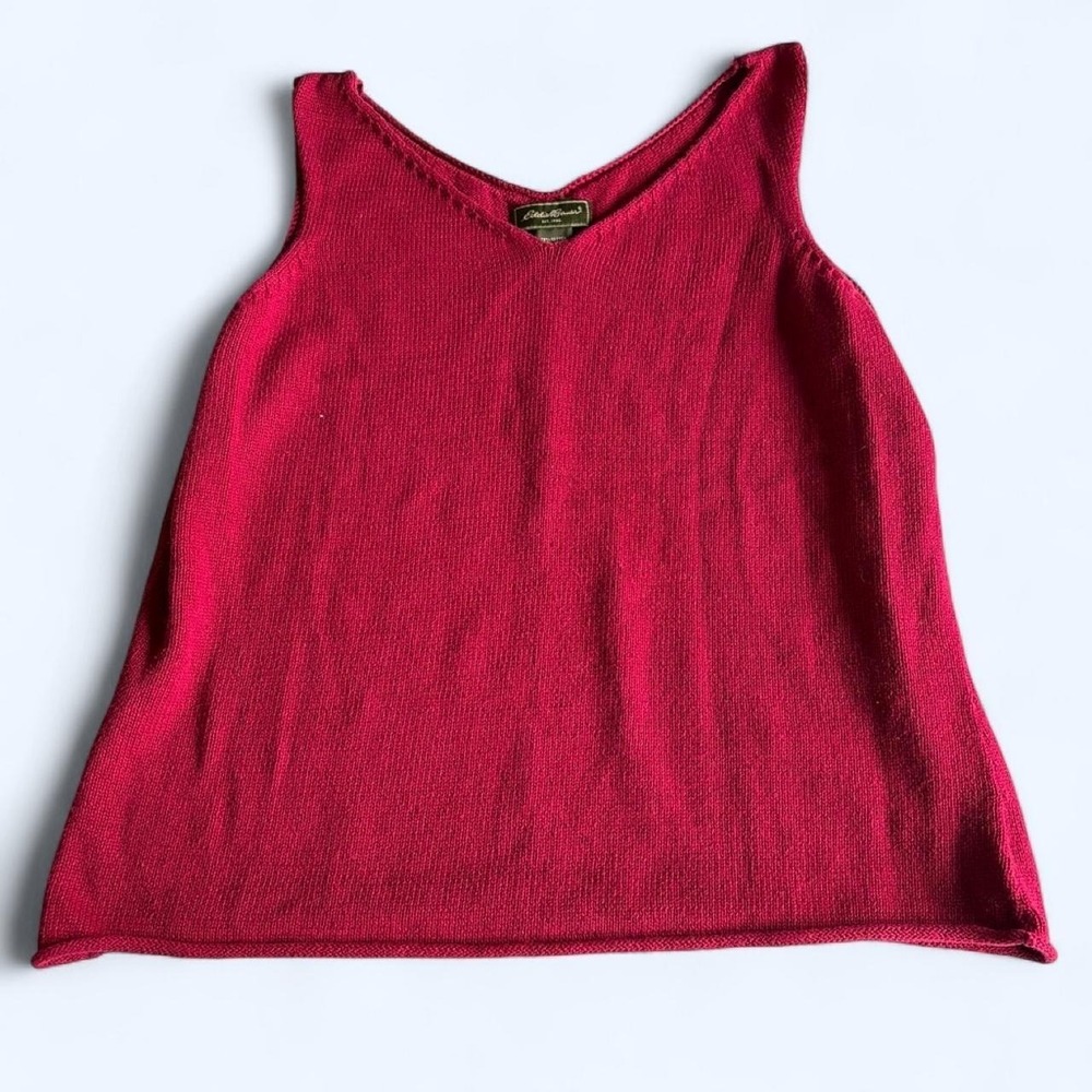 Eddie Bauer Womens Berry Red Cotton Linen Knit V-Neck Tank Top Sweater Vest L
